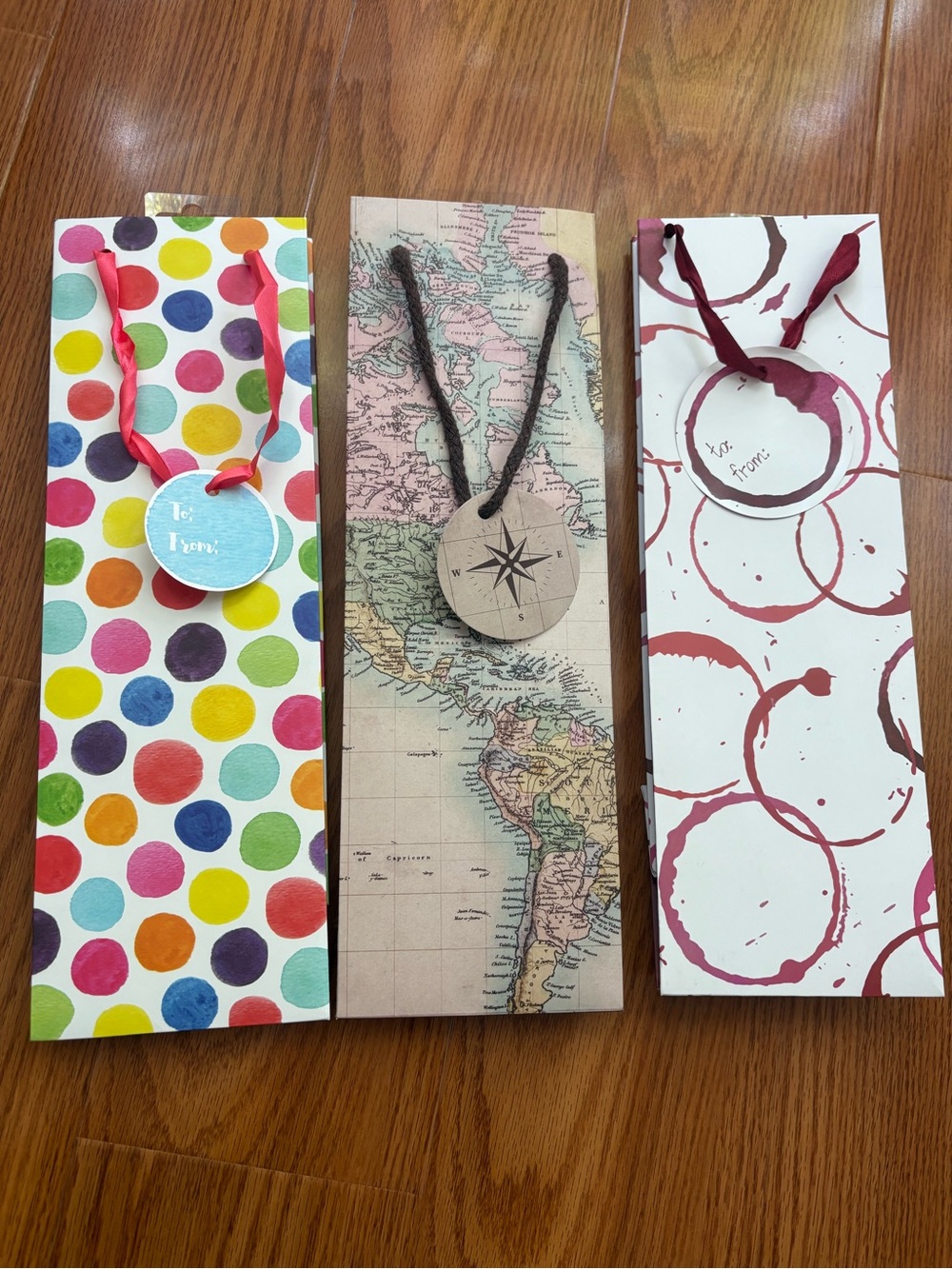 Set of 3 Cakewalk Decorative Wine Gift Bags - Polka Dot, Map, Circle Designs